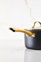 Farberware Forged Induction Ceramic Nonstick Pots and Pans Set with Lids and Kitchen Cooking Tools - Dishwasher Safe, Suitable for All Stovetops, 12 Piece Cookware Set - Black and Gold