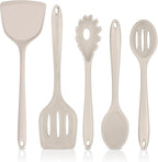TeamFar Silicone Cooking Utensils Set, 5-Piece Heat Resistant Kitchen Utensils Set, Nonstick Slotted Solid Spoon Turner Pasta Server for Frying, Serving, Mixing, Non-Toxic & Dishwasher Safe, Khaki