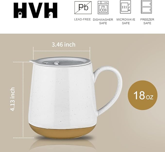 HVH Ceramic Coffee Mug With Lid, 17oz Set of 4, Large Handle Cups for Tea and More, Farmhouse Style (White)