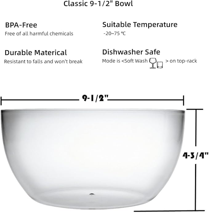 Qxbekmor Large Acrylic Salad Bowls and Serving Bowls, Great for Serving Salad, Popcorn, Chips, Dips, Condiments, Break-Resistant Set of 2, Clear 146 oz