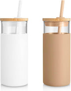 Tronco 20 oz Glass Tumbler with Lid and Straw, Iced Coffee Cup and Smoothie Cup with Bamboo Lids & Protective Silicone Sleeve, Dishwasher Safe, BPA-Free, Glass Cup 2 Pack