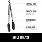 GORILLA GRIP Stainless Steel Heat Resistant Kitchen Tongs for Cooking, 7 + 9 + 12 Inch Set of 3 BBQ Tong, Non Scratch Silicone Tip for Pans, Strong Grip, Grab Food, Salad, Pull Lock, Black Gray Blue