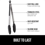 GORILLA GRIP Stainless Steel Heat Resistant Kitchen Tongs for Cooking, 9 + 12 Inch, Set of 2 BBQ Tong, Non Scratch Silicone Tip for Pan, Strong Grip, Grab Food, Toss Salad, Air Fryer, Pull Lock, Black