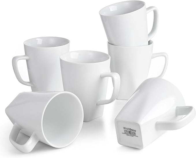 WishDeco White Coffee Mugs Set of 6, Ceramic Coffee Cups 14 oz, Modern Tea Mugs, Porcelain Tea Cups, Large Mug for Latte, Cappuccino, Milk, Juice, Cocoa, Square Bottom, Microwave and Dishwasher Safe
