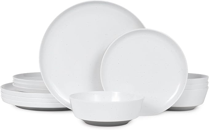 Webbylee 12-Piece Melamine Dinnerware Set for 4 – Unbreakable Plates & Bowls, Lightweight, Two-Tone White & Grey, Ideal for Family Meals, Camping, Picnic, Parties