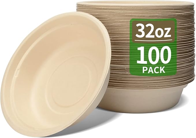 bloomoon 100 Pack 32 oz Large Round Paper Bowls for Salad, Pasta, Burrito, Lunch and Snack, Heavy Duty 32 oz Disposable Bowls for Party and Catering