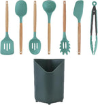 Glad Silicone Kitchen Utensils Set, 8pcs - Nonstick Cooking Tools with Wooden Handles and Utensil Holder - Spatula Set with Turner, Ladle, Spoons, Tongs, and Spaghetti Server - Teal Green