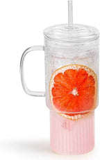 32oz Ribbed Glass Cup with Handle Lid and Straw，Borosilicate Glass Tumblers, Iced Coffee Cups Modern Glass Mug Hot/Cold Drinks for Smoothies, Tea, and Juice (clear-1 Pack-glass Lid)