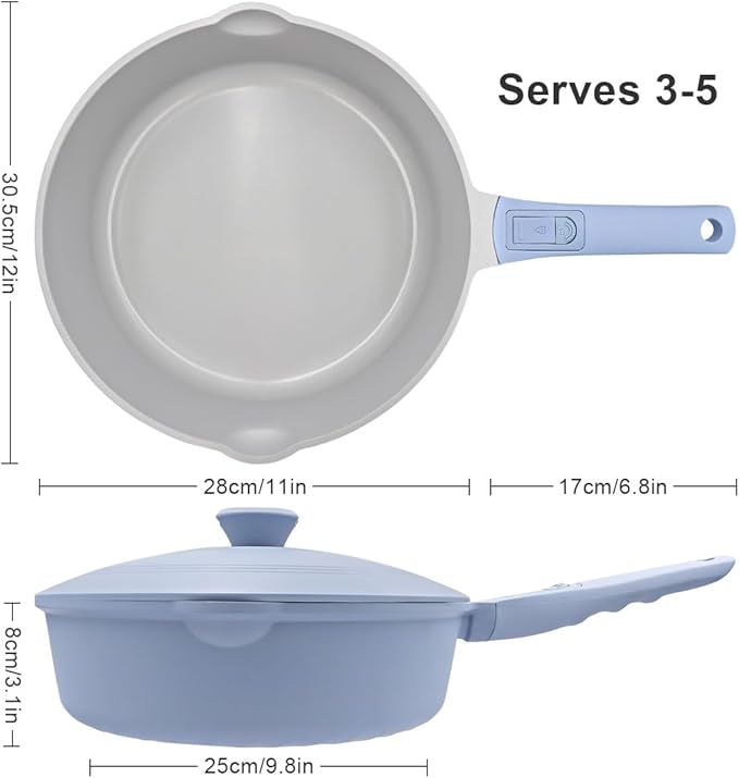12 Inch Nonstick Saute Pan with Lid, Ceramic Large Deep Frying Pans Skillet Nonstick, 5 Qt Non Stick Sauté Pan, Compatible with All Stoves, Detachable Handle, Oven Safe, PFOA Free, Blue