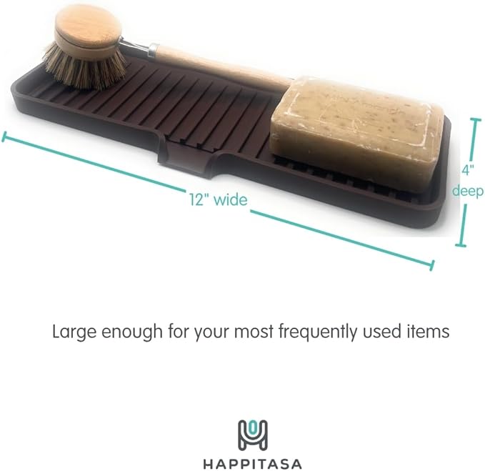 Happitasa Silicone Soap Dish Tray and Sponge Holder with Drain Chute | Bathroom and Kitchen Sink Organizer Caddy (Dark Chocolate, 12"x4", 7.4 Ounces)