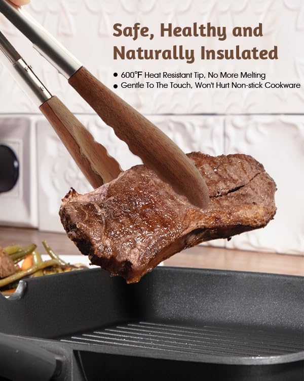 13 Inch Wooden Kitchen Cooking Tongs 2 Packs, Stainless Steel Salad Tongs with Walnut Wood Tip, Serving Food Toaster, Grilling Outdoor BBQ, Smooth Locking & Hanging Cooking Utensils