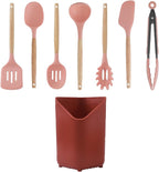 Glad Silicone Kitchen Utensils Set, 8pcs - Nonstick Cooking Tools with Wooden Handles and Utensil Holder - Spatula Set with Turner, Ladle, Spoons, Tongs, and Spaghetti Server - Rust