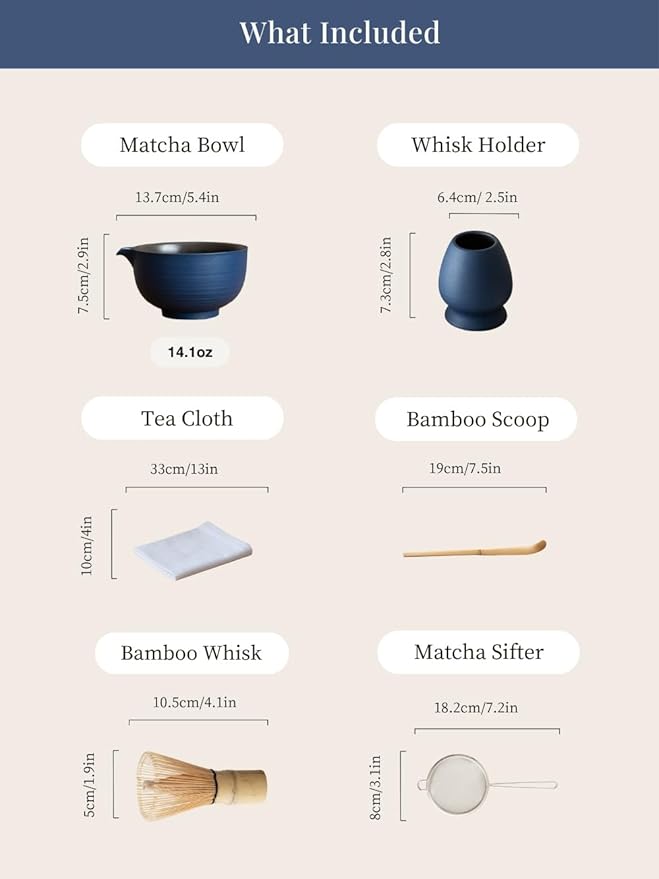 6-pcs Japanese Matcha Whisk Set, Handmade Ceramic Matcha Set with Bowl(Chawan),Bamboo Whisk(Chasen) and Holder, Scoop, Sifter & Tea Towel,Matcha Kit for Ceremony (Cobalt Blue)