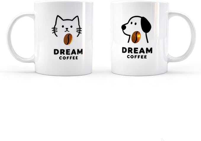 Pet Lover Mug Set Cute Cat & Dog “Dream Coffee” Ceramic Mugs, Gift Boxed Coffee & Tea Cup Set for Pet Owners, Cute Animal Mugs, Birthday or Holiday Gift