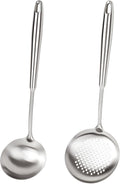 2PCS Soup Ladle Stainless Steel and Slotted Spoon Set, 304 Wok Utensils Set, Metal Strainer Spoon for Cast Iron/Carbon Steel Wok