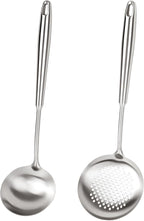 2PCS Soup Ladle Stainless Steel and Slotted Spoon Set, 304 Wok Utensils Set, Metal Strainer Spoon for Cast Iron/Carbon Steel Wok