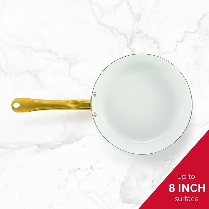 Holstein Housewares 8-Inch Ceramic Nonstick Frying Pan Skillet, Elegant White and Gold Color Handle - Golden Elegance for Every Kitchen