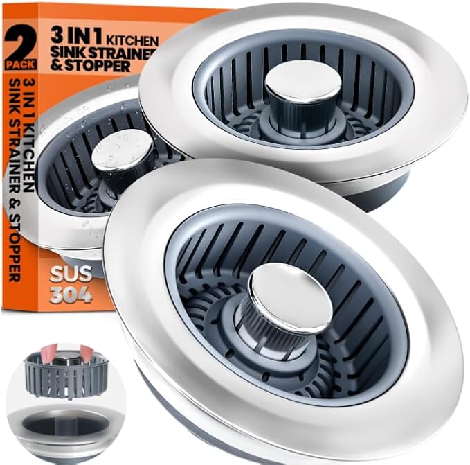 Sink Drain Strainer - Sink Stopper, 3 in 1 Kitchen Stainless Steel Drain Plug with Anti-Clog Basket, Pop-Up Cover Fits Standard 3-1/2” Openings for Double Bowl Kitchen Sinks
