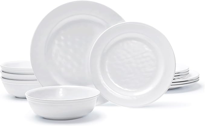 TP 12-Piece Melamine Dinnerware Sets, Plates and Bowls Dishes Set for 4, Break-Resistant & Non-Microwavable, Lightweight Dinner Plates, White