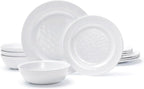 TP 12-Piece Melamine Dinnerware Sets, Plates and Bowls Dishes Set for 4, Break-Resistant & Non-Microwavable, Lightweight Dinner Plates, White