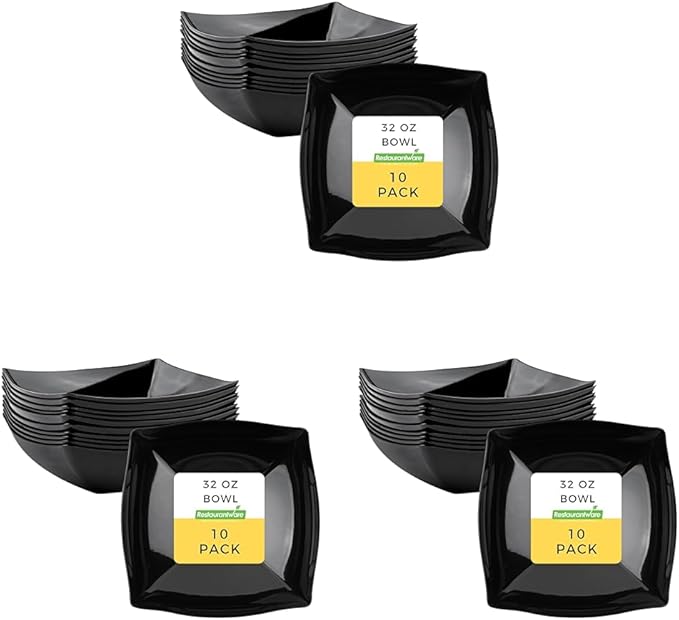 Restaurantware Moderna 32 Ounce Fancy Plastic Bowls 10 Square Disposable Salad Bowls - Durable Heavy-duty Black Plastic Bowls For Warm And Cold Foods (Pack of 3)