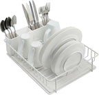 SunnyPoint 304 Stainless Steel Dish Drying Rack with Diatomaceous Earth Drainboard & Removable Utensil Caddy – Rust Resistant Countertop Dish Rack for Kitchen (White)