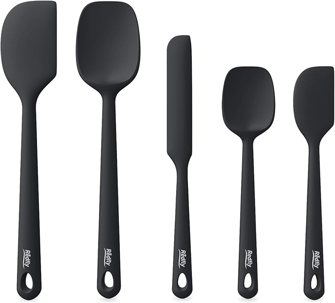 Redfly Silicone Spatula Set, 5 Piece Food Grade Silicone Cooking Utensils Set, Rubber Spatula Heat Resistant Nonstick for Baking, Cooking, Kitchen Utensils Dishwasher Safe Black