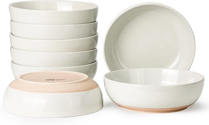 Metflavor Pasta Bowls Set of 8, 34oz Speckled Ceramic Bowls Set for Serving Salad, Pasta, Soup, Dinner, 8" Wide and Deep Bowls, Dishwasher & Microwave Safe, Matte Terracotta Base (Warm White)