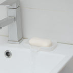 MicoYang Silicone Bathroom Soap Dishes with Drain Spout-Bathroom and Kitchen Sink Organizer,Sponge Holder,Dish Soap Tray,Perfect for Dispenser,Scrubber,Bottle,Cup on Counter Translucent 4.9"×3.2"