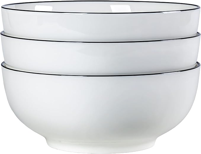 60 oz Large Pho Soup Bowls, Large Ramen Bowls, Rimmed Off-White Big Ceramic Bowls Set of 3, 8 Inch