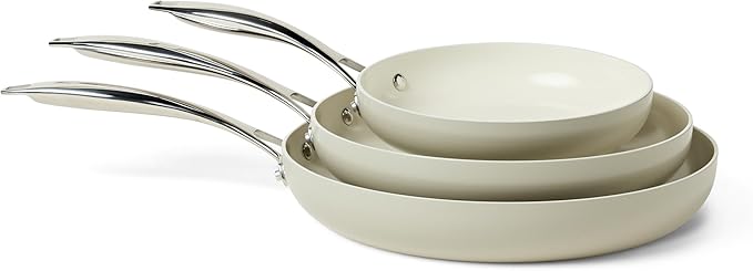 Amazon Basics Ceramic Nonstick Cookware, 3-Piece Set of Frying Pans, All Cooktop Induction Compatible, Dishwasher-Safe, Oven-Safe, Linen Gray