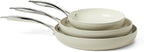 Amazon Basics Ceramic Nonstick Cookware, 3-Piece Set of Frying Pans, All Cooktop Induction Compatible, Dishwasher-Safe, Oven-Safe, Linen Gray