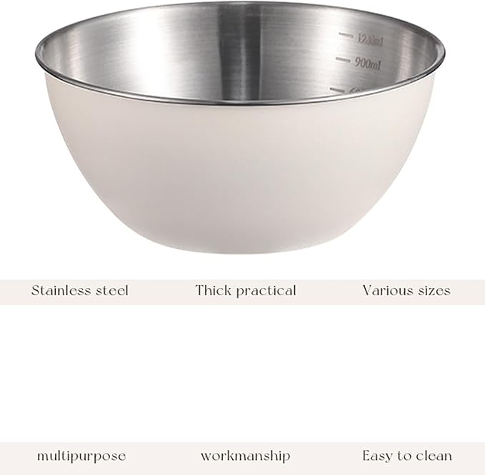 Stainless Steel Salad Bowls Set of 2 Mixing Bowl with Measurement Markings Snacks Bowls, 2.11 Quart White Serving Bowls for Mixing, Cooking, Baking, Prepping and Home Kitchen Food Storage Bowls