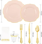 NOCCUR 175PCS Pink Plates with Gold Disposable Silverware - Include 50 Pink Plastic Plates,25 Knives,25 Forks,25 Spoons,25 Cups and 25 Napkins - Ideal for Party/Wedding/Mother's Day