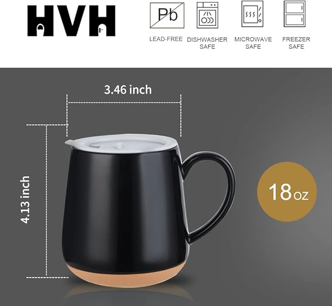 HVH Ceramic Coffee Mugs Set of 4, 17oz Large Mugs with Lid, Farmhouse Style (Black)