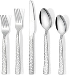 60 Piece Silverware Set for 12, Amafox Stainless Steel Hammered Flatware Set, Kitchen Utensil Cutlery Silverware Set Include Fork Spoon Knife, Mirror Finished Silverware Sets, Dishwasher Safe