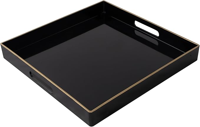 MAONAME Decorative Tray, Black Serving Tray with Handles, Coffee Table Trays, Square Plastic Trays for Ottoman, Bathroom, Kitchen, 13" x 13" x 1.57"