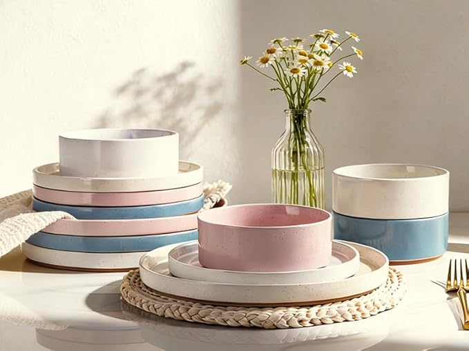 AmorArc Ceramic Dinnerware Set for 4 | Handpainted Stoneware Plates and Bowls with Rustic unglazed terracotta | Scratch Resistant, Dishwasher & Microwave Safe Dishes Sets- 12-Pcs Colorful