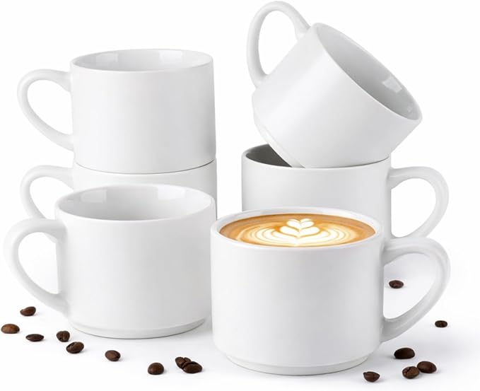 GBhome 14 OZ Coffee Mugs Set of 6, Stackable Ceramic Mugs for Men, Women, Modern Coffee Mugs With Stable Base for Latte, Tea, Cappuccino. Dishwasher & Microwave Safe, Matte White