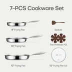 CAROTE 7-Piece Tri-Ply Stainless Steel Frying Pan Set, Skillet Set 8"/10"/12", Induction Compatible, Oven & Dishwasher Safe, Silver Handle