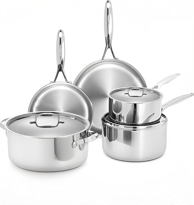 5 Ply Stainless Steel Cookware Set,8-Piece,Professional Kitchen Cooking, Heavy Chef Quality,PFOA, PTFE & PFOS Free,Induction, Non-Toxic, Oven Safe,Best 18/8 Full Clad