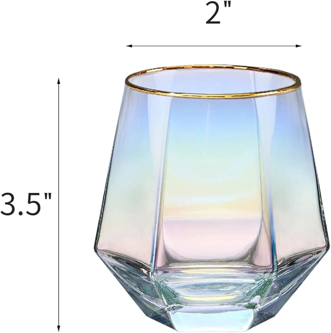 XKXKKE Diamond Wine Glasses Set of 4, 10 OZ Modern Stemless Gold Rim Glass Cups Iridescent Drinking Glassware for Serving Party, Home, Bar, Restaurants, Gift, Rainbow Tumbler, Colorful 4 Pack