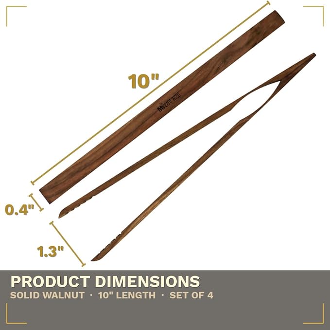 Walnut Wood Toaster Tongs Set of 4 – 10 Inch Kitchen Tongs for Toast, BBQ, Cooking & Serving | Premium Dark Hardwood | Stronger & More Durable Than Bamboo Tongs