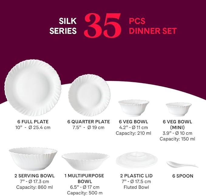 Borosil Gourmet Dinnerware Set For 6, 35 Pieces, White Dinner Plates and Bowls Sets, Chip Resistant Tempered Opal Glass, Stain Resistant, Dishwasher & Microwave Safe Dinner Set For Gifting, Serves 6