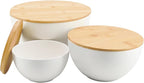 ECOWAY Salad Bowl Set of 3 with Bamboo Wooden Lids, Mixing Bowls Set, Nesting Bowls for Space Saving Storage, Made with Durable Eco-Friendly Bamboo Fiber, Great for Prepping and Serving Food, White