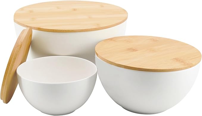 ECOWAY Salad Bowl Set of 3 with Bamboo Wooden Lids, Mixing Bowls Set, Nesting Bowls for Space Saving Storage, Made with Durable Eco-Friendly Bamboo Fiber, Great for Prepping and Serving Food, White