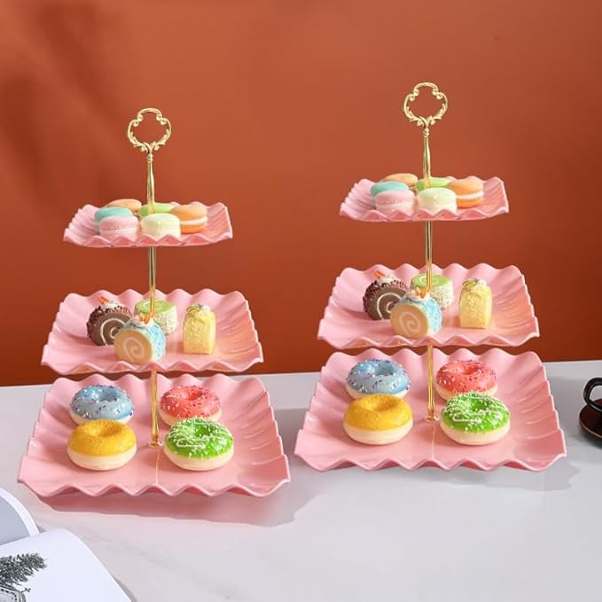 2 Pack of Plastic Square Dessert Cupcake Stand, 3 Tier Cup Cake Holder Tower for Tea Party/Birthday/Wedding, Plastic Tiered Serving Tray (Pink)