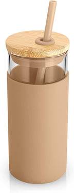 Tronco 20 oz Glass Tumbler with Lid and Straw, Iced Coffee Cup and Smoothie Cup with Bamboo Lids & Protective Silicone Sleeve, Dishwasher Safe, BPA-Free, Glass Cup 8 Pack