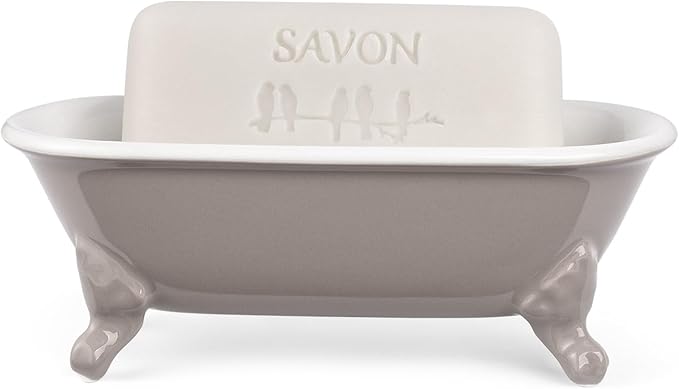 6.5" Ceramic Mini Decorative Clawfoot Bathtub Bar Soap Dish, Kitchen Sponge Holder and Shower Tray for Bathroom, 1 Pack(Taupe)