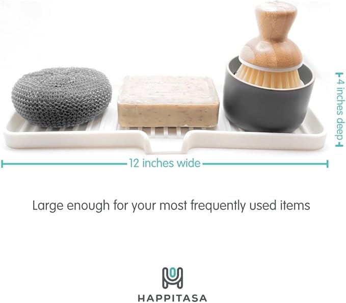 Happitasa Silicone Soap Dish Tray and Sponge Holder with Drain Chute | Bathroom and Kitchen Sink Organizer Caddy (White, 12"x4", 7.4 Ounces)